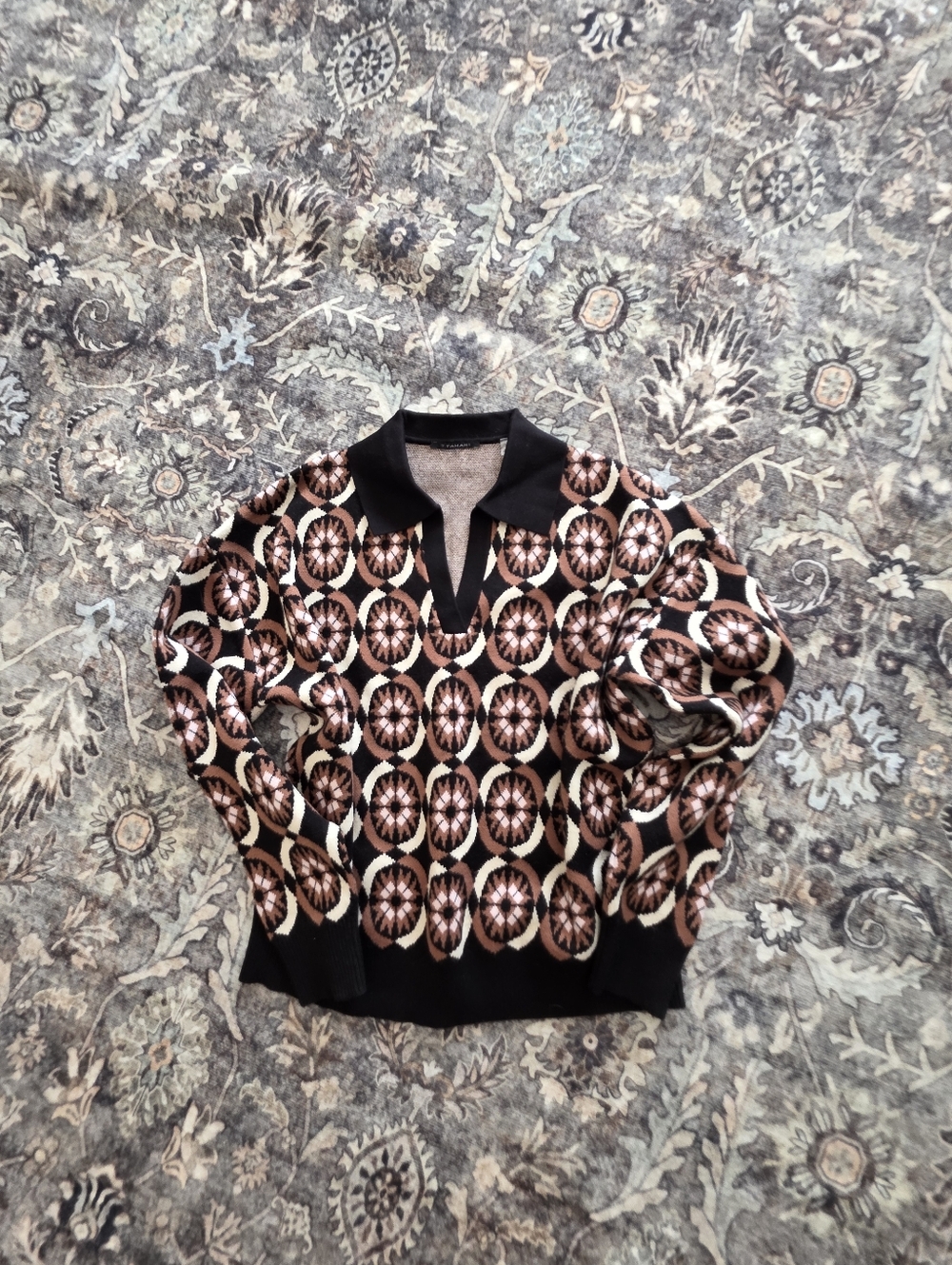 Tahari Black and Brown Geometric Polo Sweater